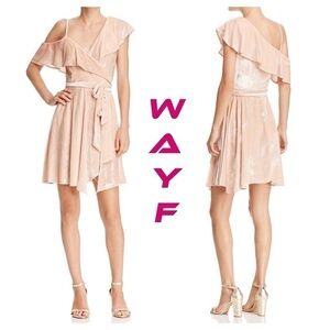 WAYF Cold-Shoulder Velvet Wrap Dress pink ties